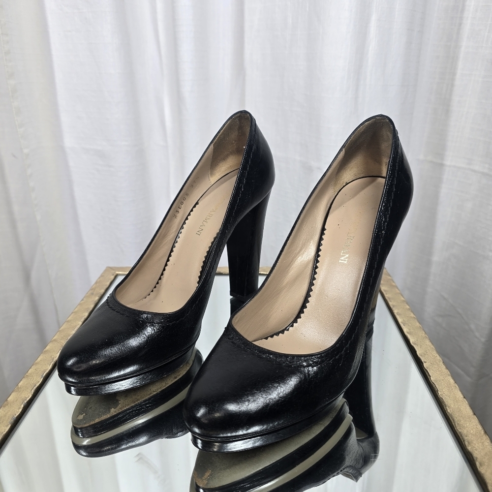 Emporio Armani Black Leather Pumps Block Heels - Picture 13 of 15